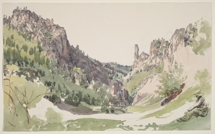 A Seated Man Contemplating a Sunlit Mountain Valley — Jakob Alt