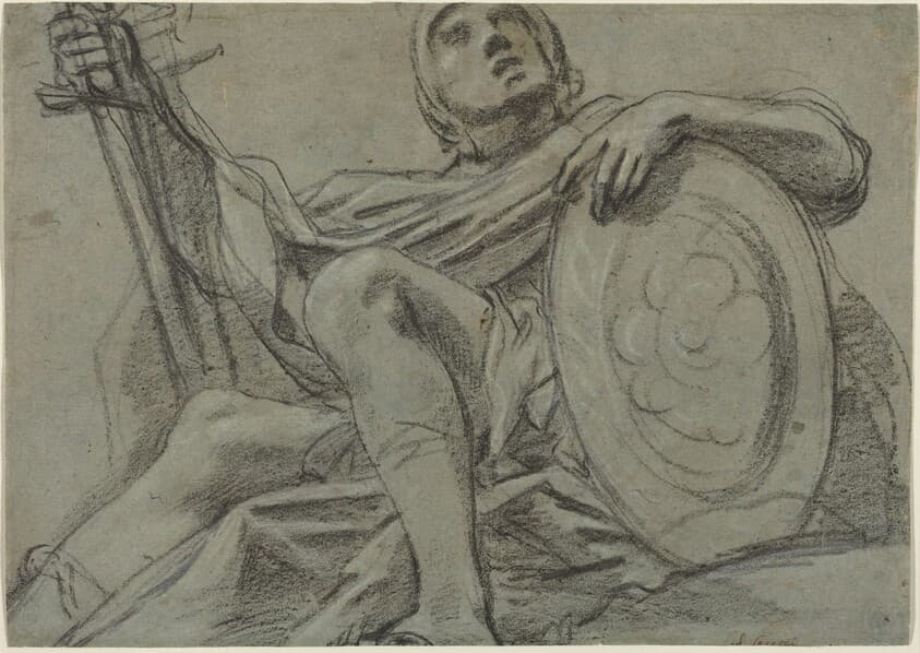 Seated Warrior Holding a Sword and Shield [recto] — Giacomo Cavedone