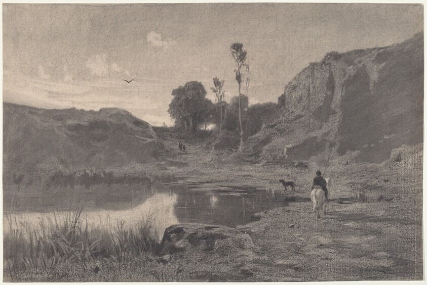 A Rider by a Mountain Pond at Sunset — Adolphe Appian