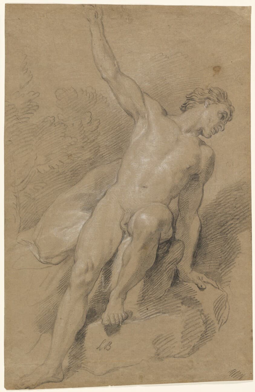 Male Nude Seated on Rocks — Louis de Boullogne the Younger