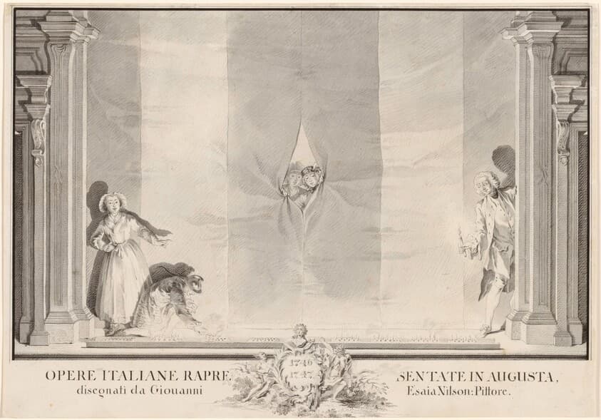 Two Actors Peeking through a Theater Curtain while Others Prepare the Footlights — Johann Esaias Nilson