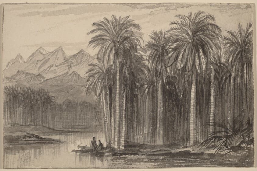 Figures Setting Out in Canoes from a Palm Grove (Wady Feiran) — Edward Lear