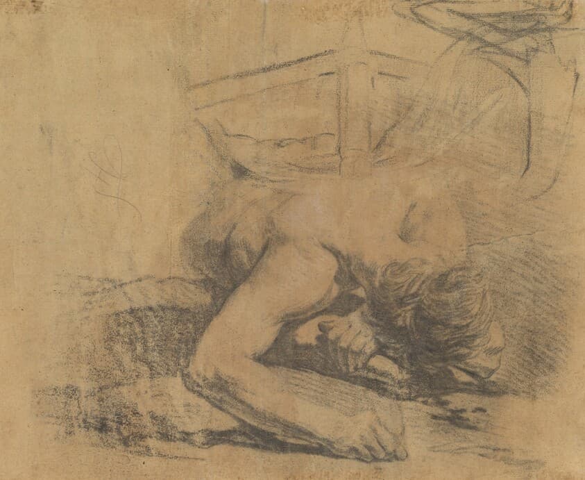 Man Reclining on the Ground and the Corner of a Bed [verso] — Jean-Baptiste Deshays