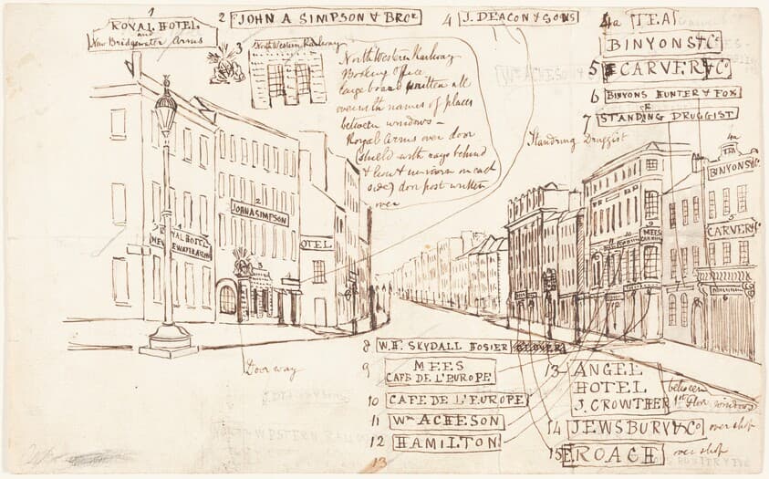 Street Perspective with Places of Business Labeled — George Cruikshank