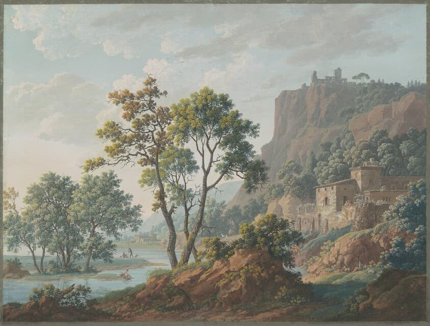 River Landscape with Castles and Fishermen — Baron Louis-Albert-Guillain Bacler d'Albe