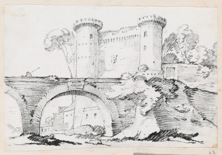 A Stone Bridge and the Fortified Entrance to a Town — Joseph-Marie Vien