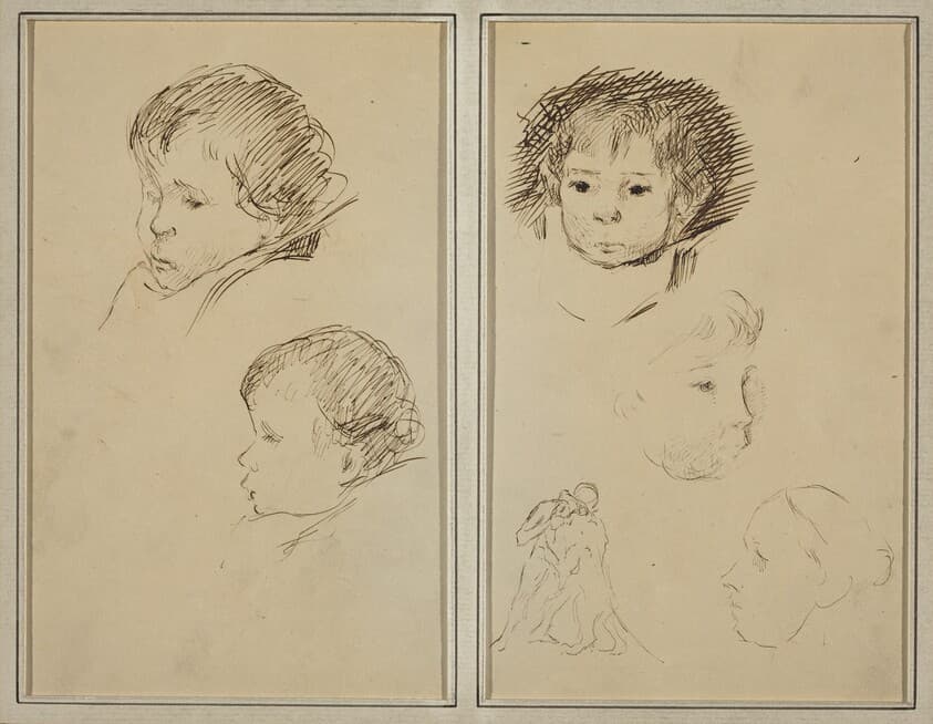 Two Studies of a Child's Head; Two Studies of a Child's Head, a Woman in Profile, and a Man Wrestling an Animal [recto] — Paul Gauguin