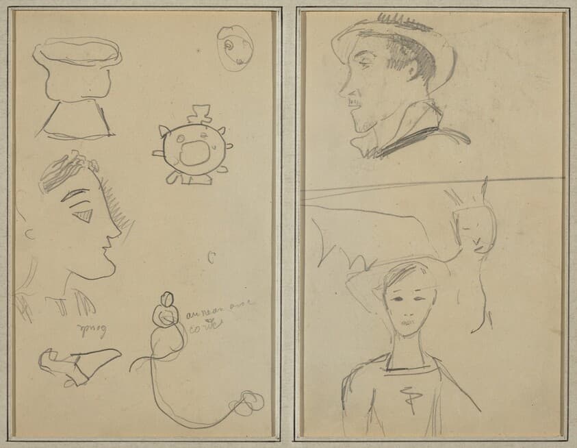 A Caricature and Five Forms; A Man in Profile, a Winged Creature and a Boy [verso] — Paul Gauguin