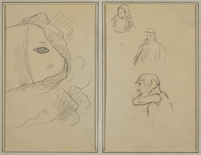 Eye and Part of Face; A Breton Woman and Two Men [recto] — Paul Gauguin