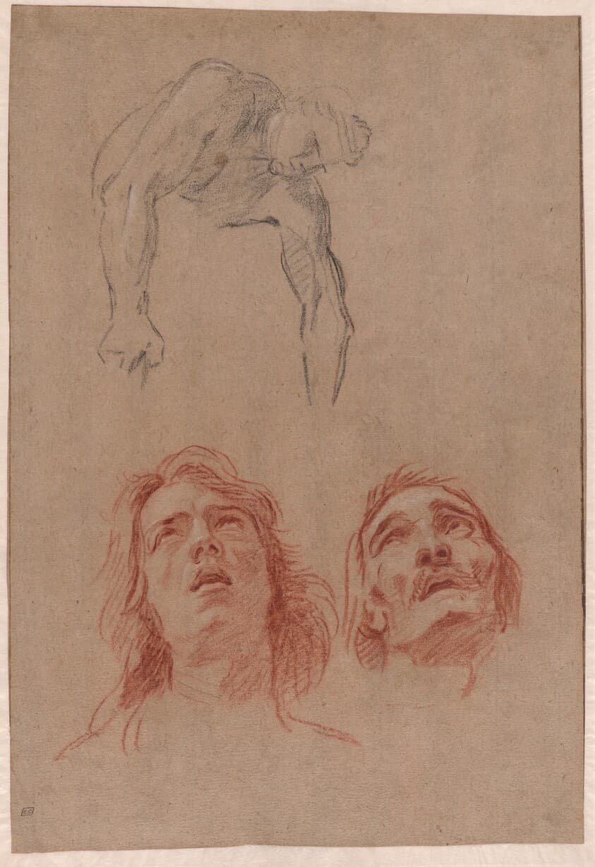 Man Reaching Down and Two Studies of Heads (recto) — Jean-Baptiste Jouvenet