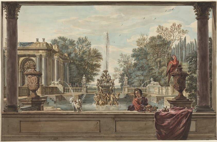 An Italianate Garden with a Parrot, a Poodle, and a Man — Isaac de Moucheron