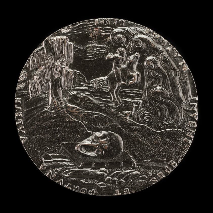 Book, Skull, Bones, and Rider in Landscape [reverse] — Master M.P.