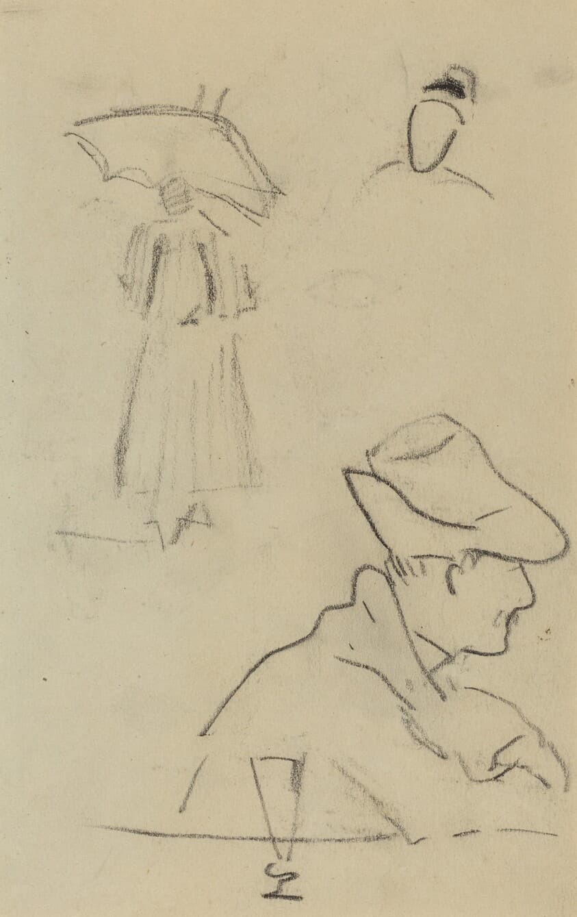 A Person Holding an Umbrella and a Seated Man with a Hat and a Glass [verso] — Paul Gauguin