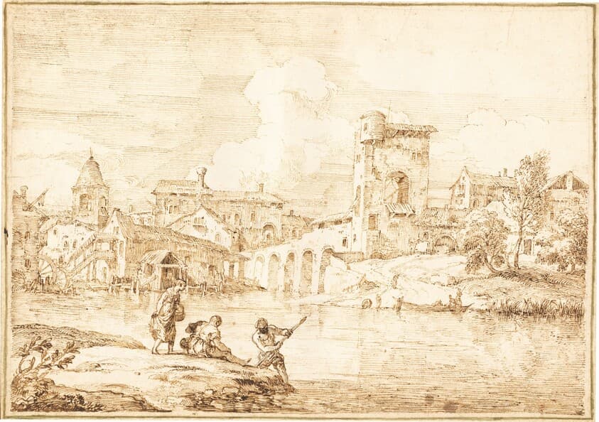 A Fortified Village along a River — Marco Ricci