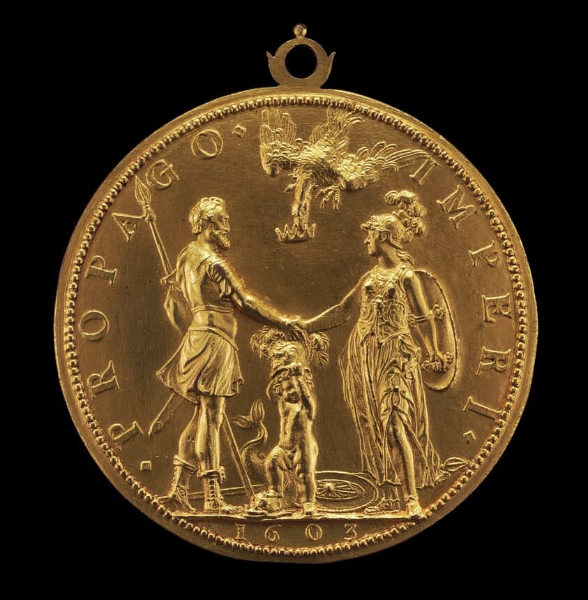 Louis XIII as Dauphin between Henri IV as Mars and Marie as Pallas Athena [reverse] — Guillaume Dupré
