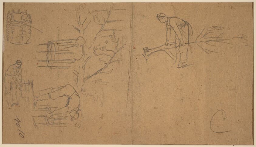 Soldiers felling sapling, and weaving saplings into baskets [verso] — Winslow Homer