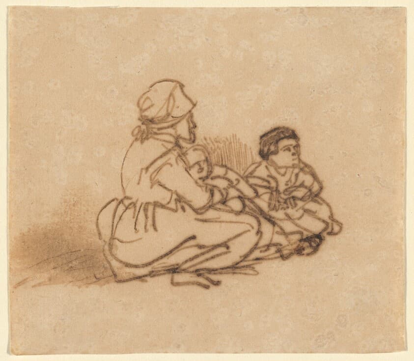 Woman Seated on the Ground with Two Children — Rembrandt van Rijn