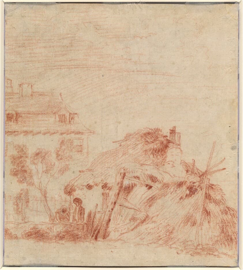 View of a House, a Cottage, and Two Figures [verso] — Antoine Watteau