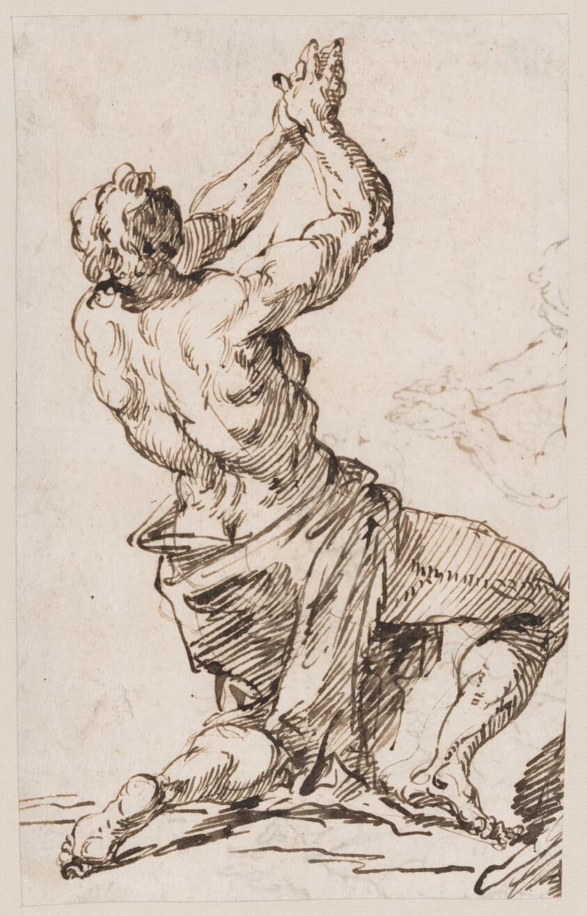 a) Study of a Man Kneeling, Looking Upward (recto); b) Studies of the Same Figure (verso) — Francesco Fontebasso