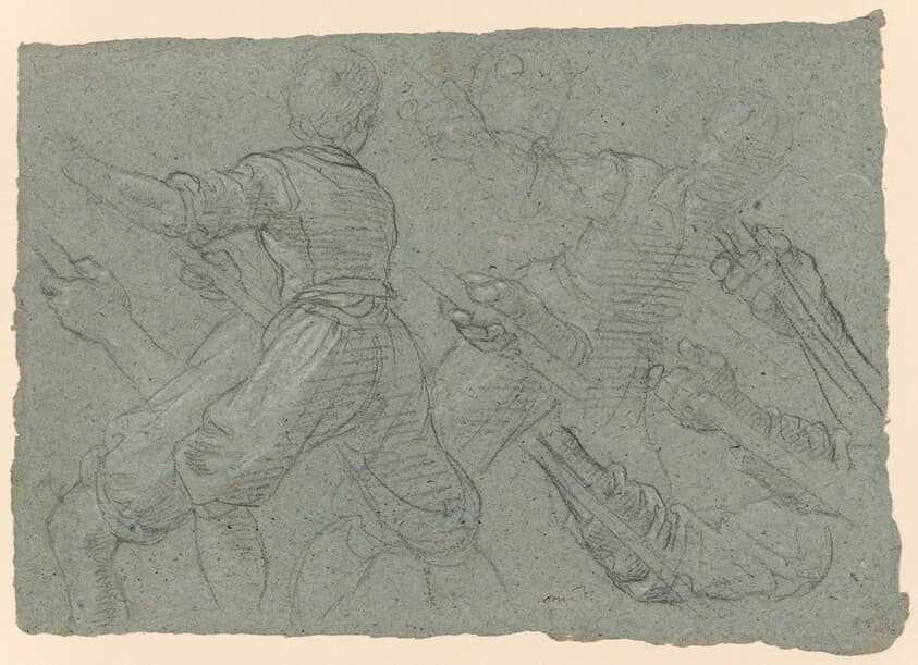 Studies of a Youth Pulling Ropes (recto); Faint Study of a Youth Pulling a Rope (verso) — Aurelio Lomi