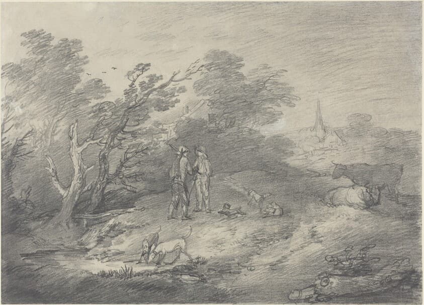 Woods Near a Village with Rabbit Catchers and Their Greyhounds — Thomas Gainsborough