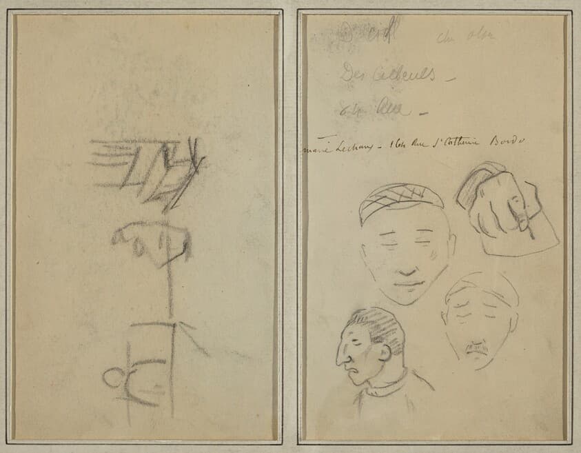 Two Figures and a Bench; Three Studies of Men's Heads and One of a Hand [recto] — Paul Gauguin