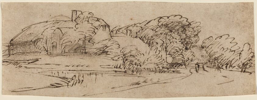 A Landscape with Farm Buildings among Trees — Rembrandt van Rijn