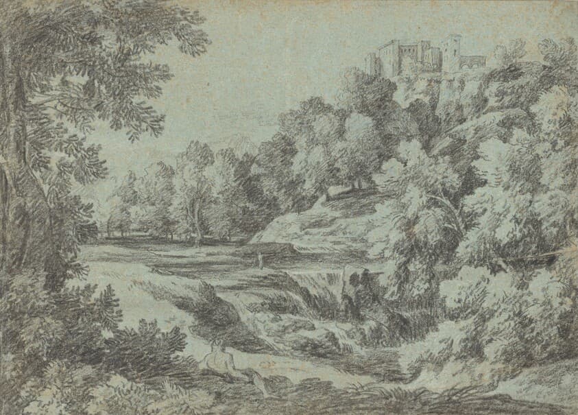 Italian Landscape with Fortifications and a Waterfall — Gaspard Dughet