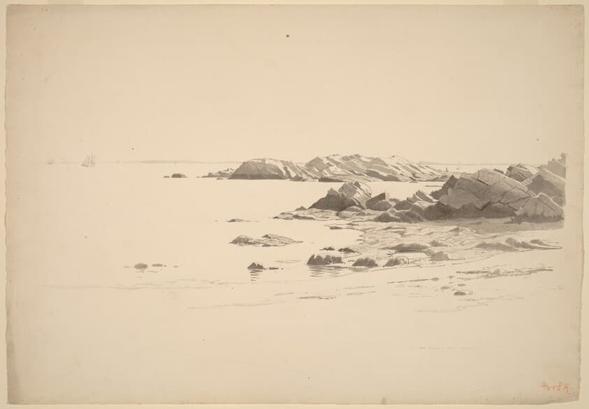 Rocklined Beach with Distant Boats — William Stanley Haseltine
