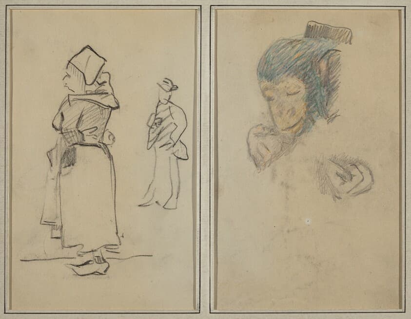A Breton Woman and a Standing Man; Head and Hand of a Monkey [recto] — Paul Gauguin