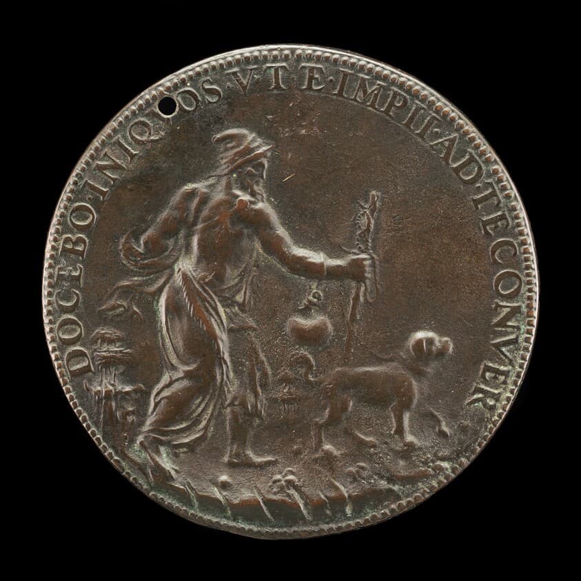 Blind Man with a Staff and Water-flask, Led by a Dog [reverse] — Leone Leoni