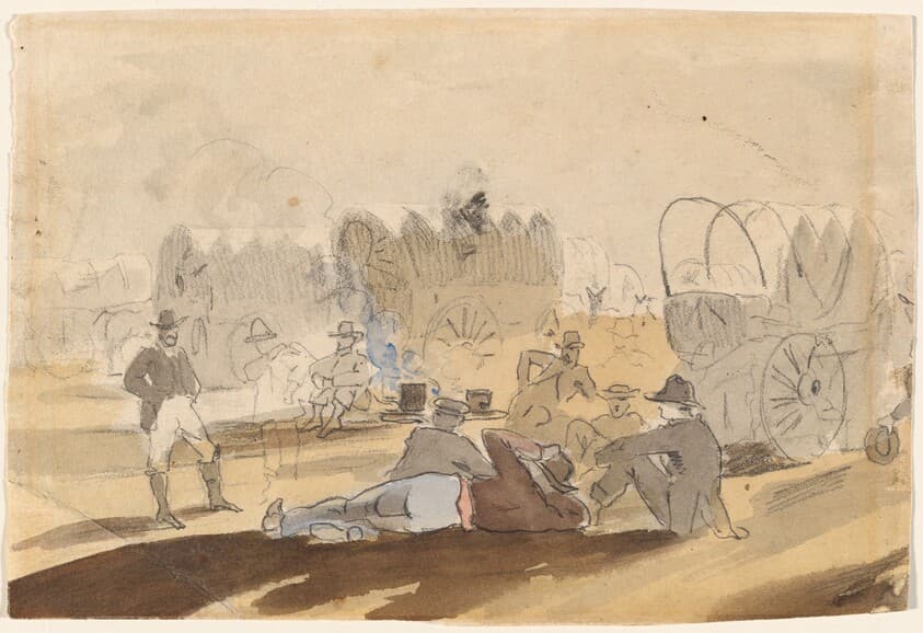 Caravan with Covered Wagons Resting [recto] — Winslow Homer