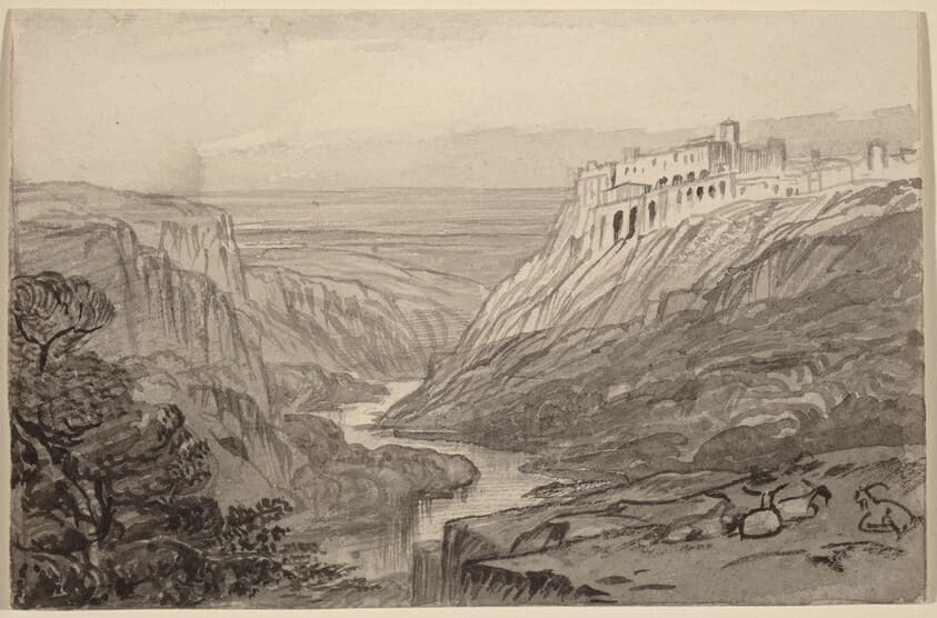 Goats Resting above a River Gorge (Narni, Italy) — Edward Lear