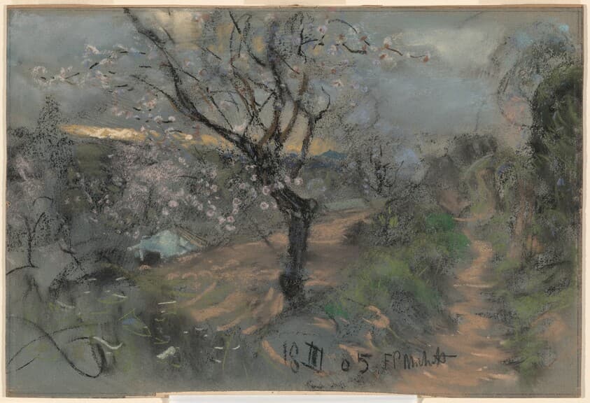 A Hillside Path with Blooming Cherry Trees under an Overcast Sky — Francesco Paolo Michetti