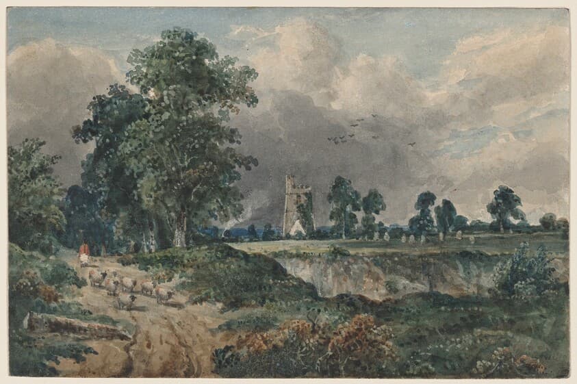 A Drover with Sheep, a Church Beyond — Frederick William Watts