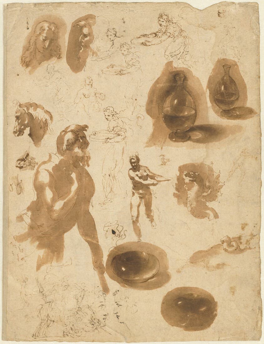 Studies of Glass Jars and Figures (recto) — Ambrogio Figino