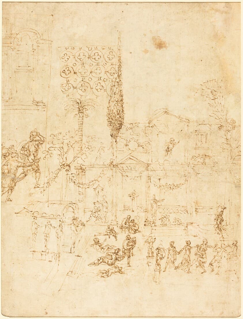 A Party in a Roman Villa [recto] — Pirro Ligorio