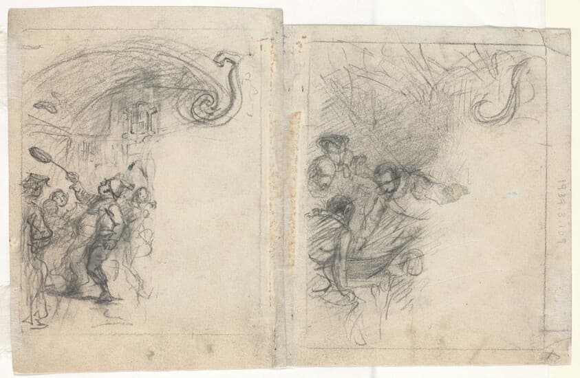 Chef Tossing Pancakes and Group of Four Men [verso] — Felix Octavius Carr Darley
