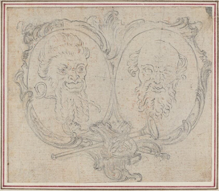 Double Cartouche with Two Heads and Symbols of Fame and Folly — Hubert François Gravelot