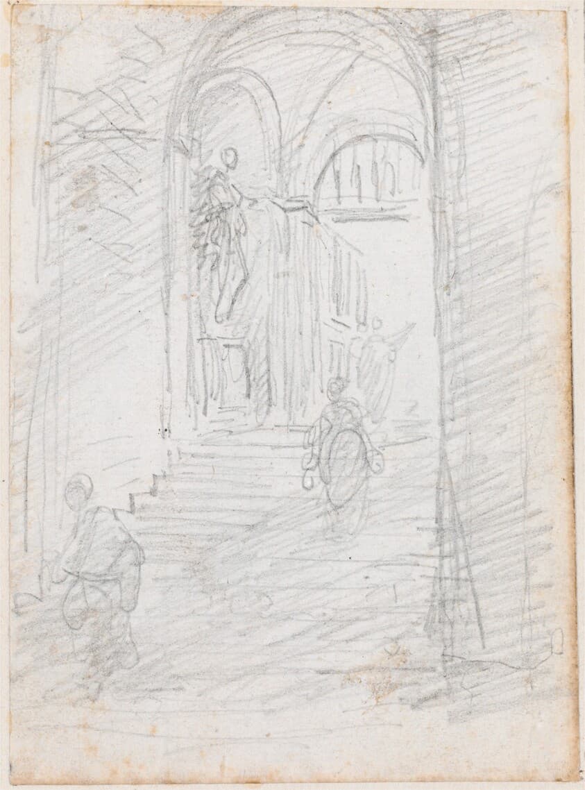Figures on a Monumental Interior Stairway [recto] — Hubert Robert