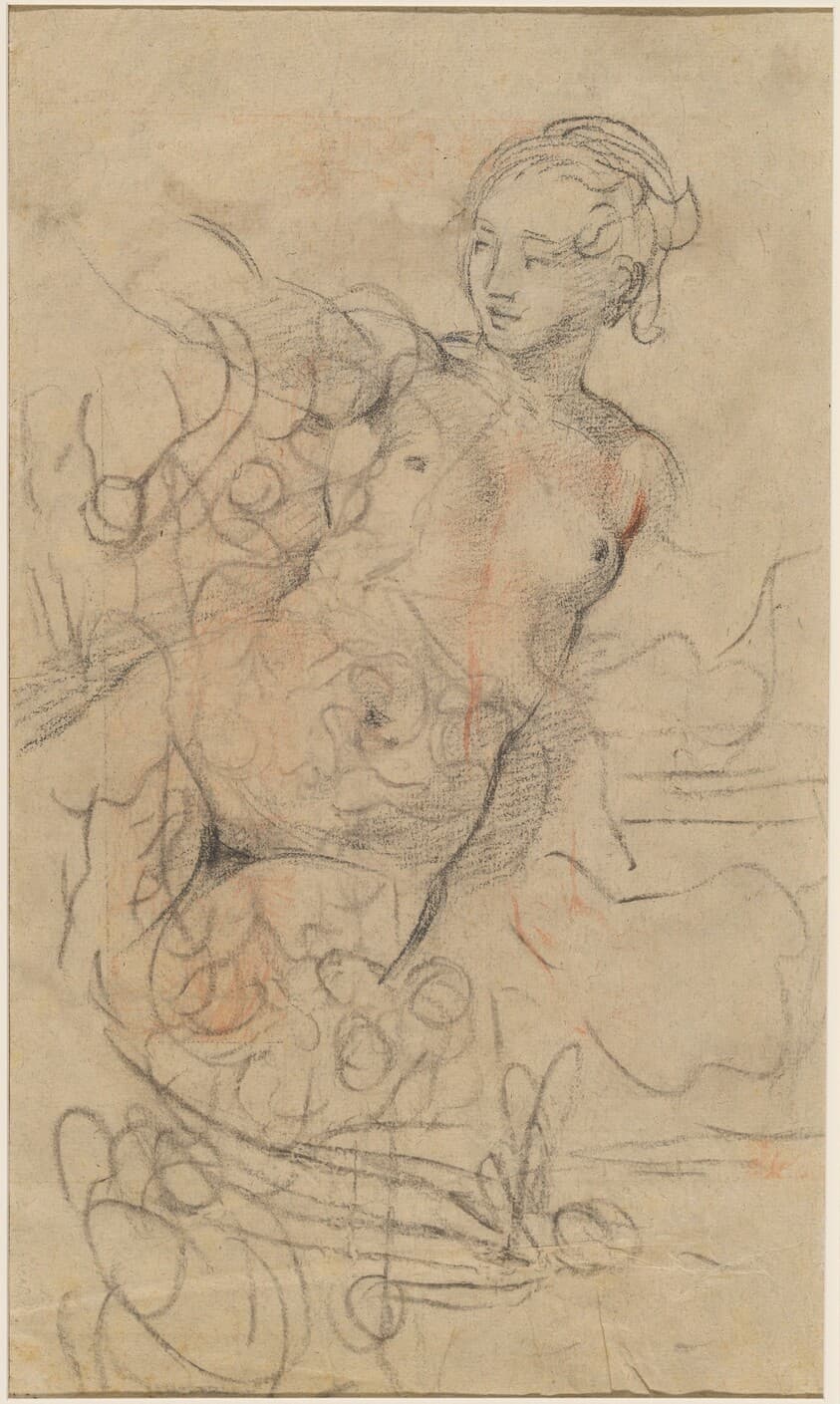A Reclining Nude with Her Right Arm Raised over a Swift Composition Study [verso] — Jean-Baptiste Deshays