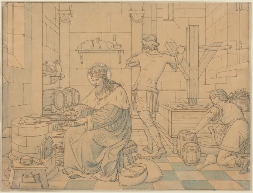 Saint Wenzel Cooking Hosts as Two Youths Press Wine — Edward Jakob von Steinle
