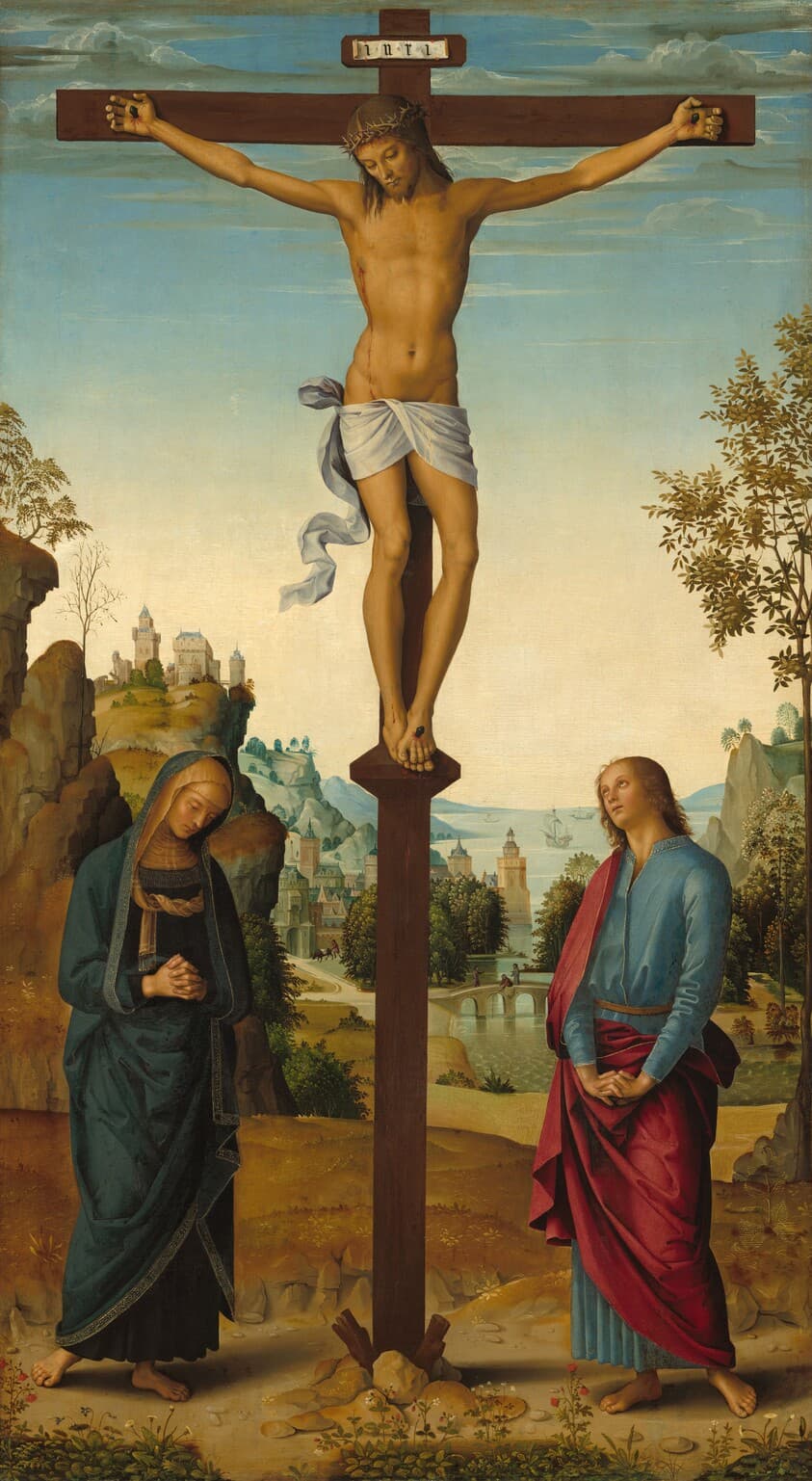 The Crucifixion with the Virgin, Saint John, Saint Jerome, and Saint Mary Magdalene [middle panel] — Pietro Perugino