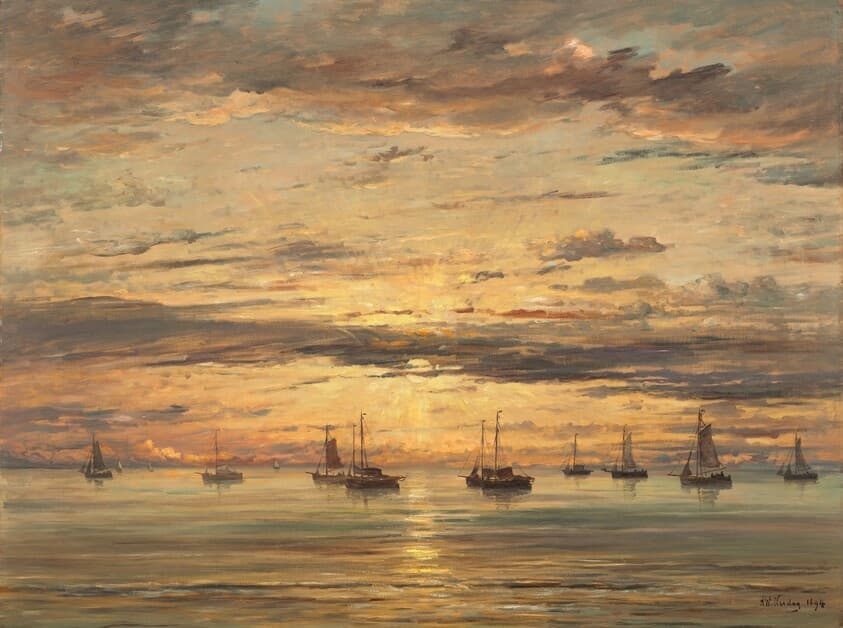 Sunset at Scheveningen: A Fleet of Fishing Vessels at Anchor — Hendrik Willem Mesdag