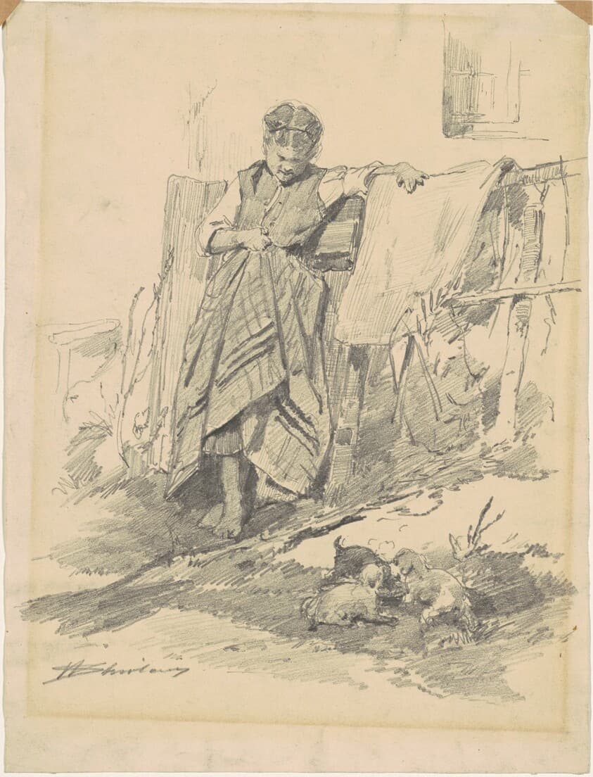 Woman Watching Puppies — Walter Shirlaw
