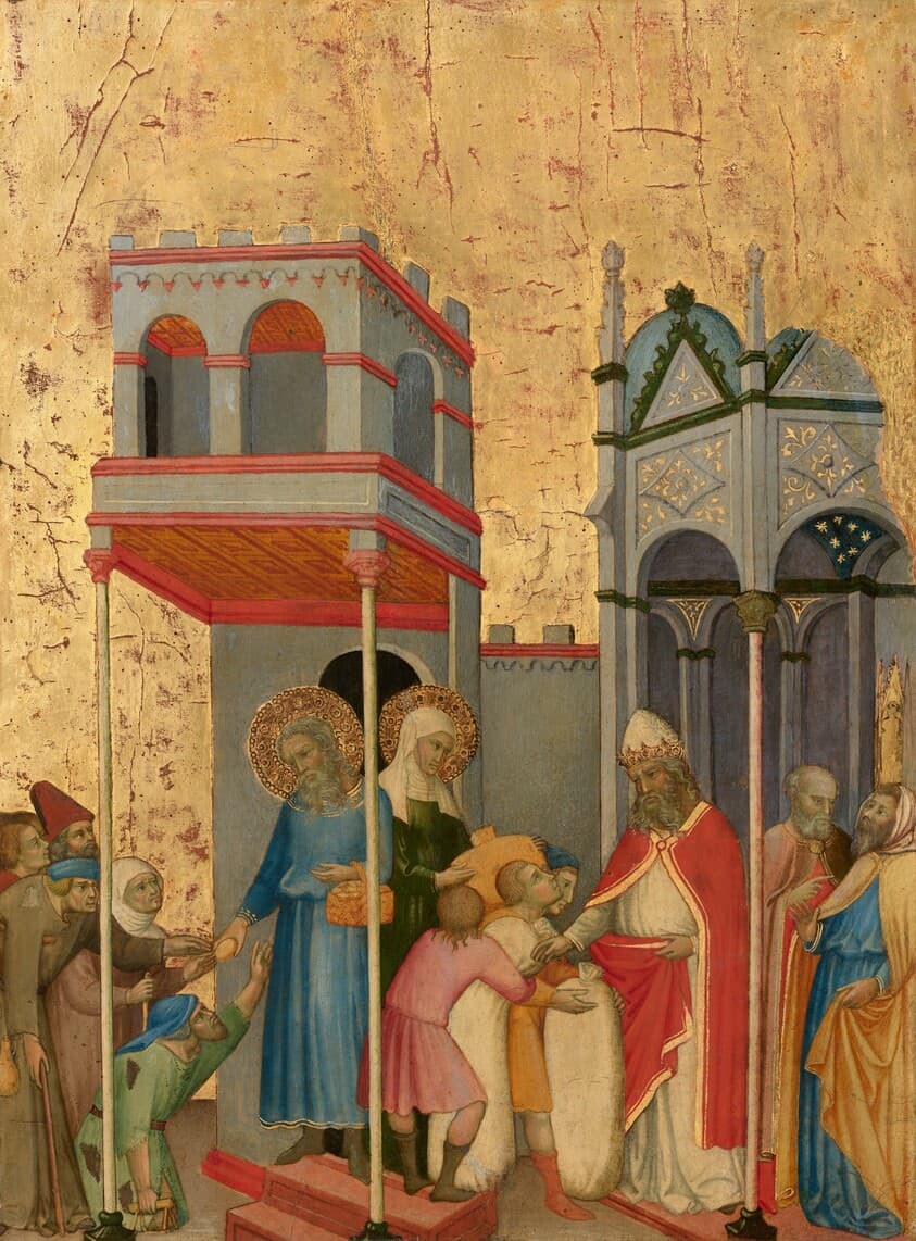 Joachim and Anna Giving Food to the Poor and Offerings to the Temple — Andrea di Bartolo