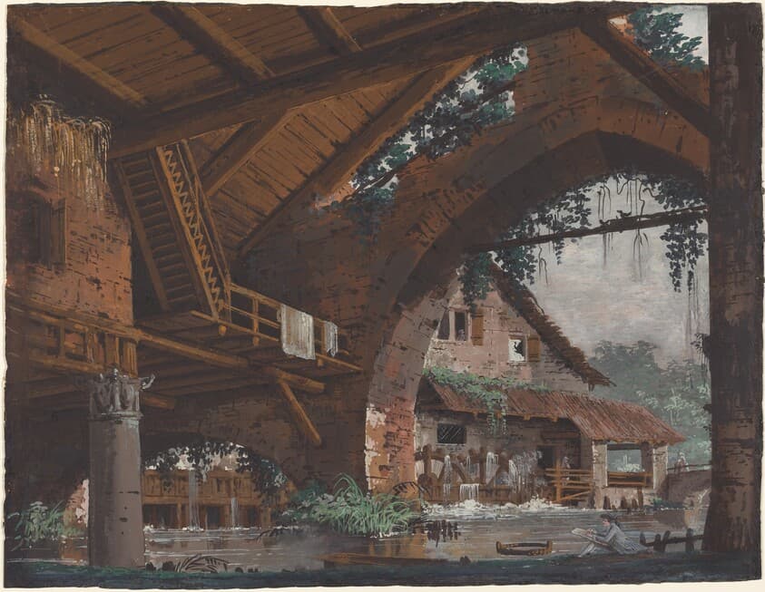 Architectural Fantasy of Antique Ruins with a Watermill — Caspar Wolf