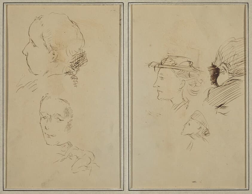 Two Head Studies and a Crouching Nude Woman; Two Women's Heads and a Head of Child [recto] — Paul Gauguin