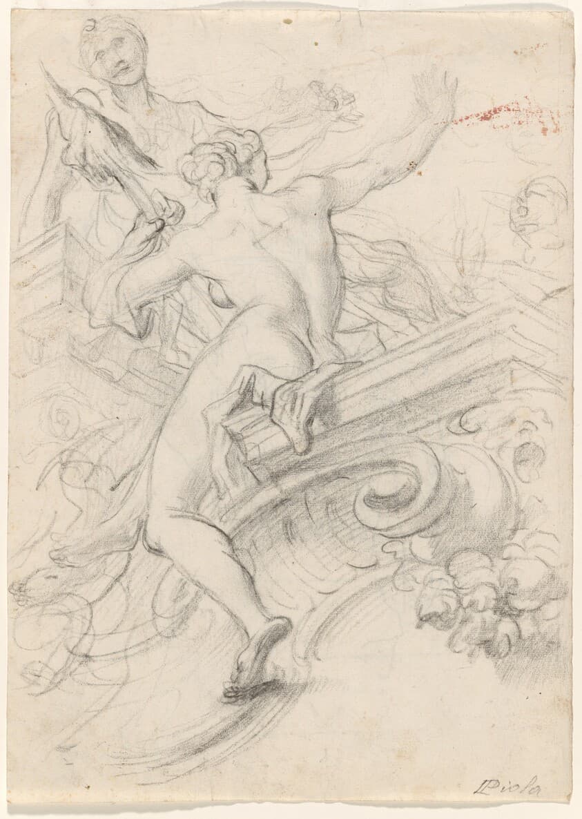 A Female Figure Seated on an Entablature, Holding a Distaff — Lorenzo De Ferrari