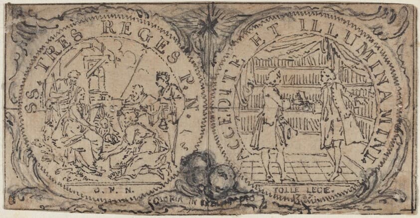 Ornamental Medallions with the Adoration of the Magi and Two Bibliophiles — Hubert François Gravelot
